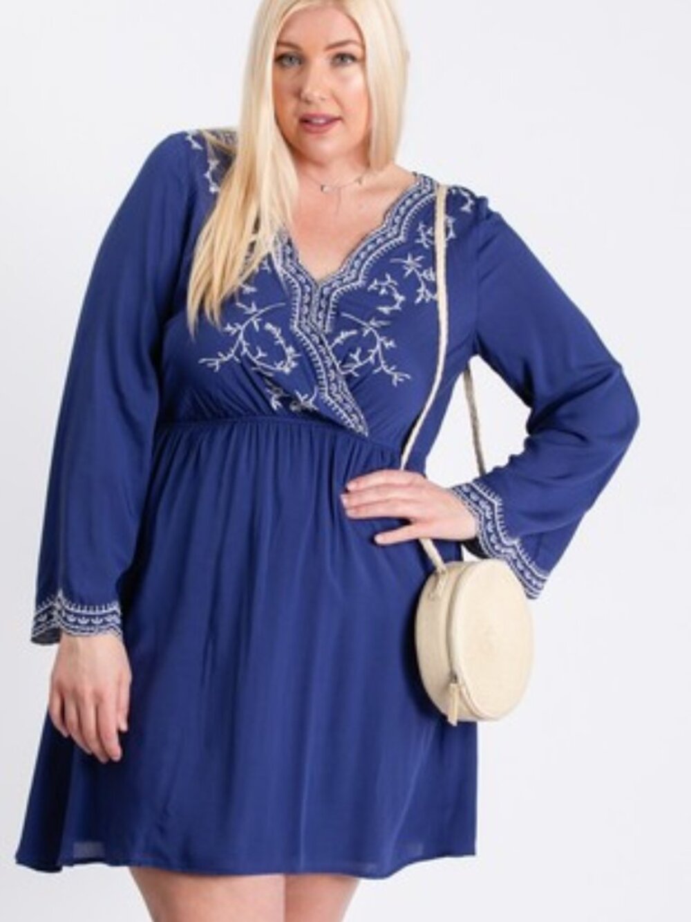B18 Trumpet Embroidered Long Sleeve Dress Blue NEW